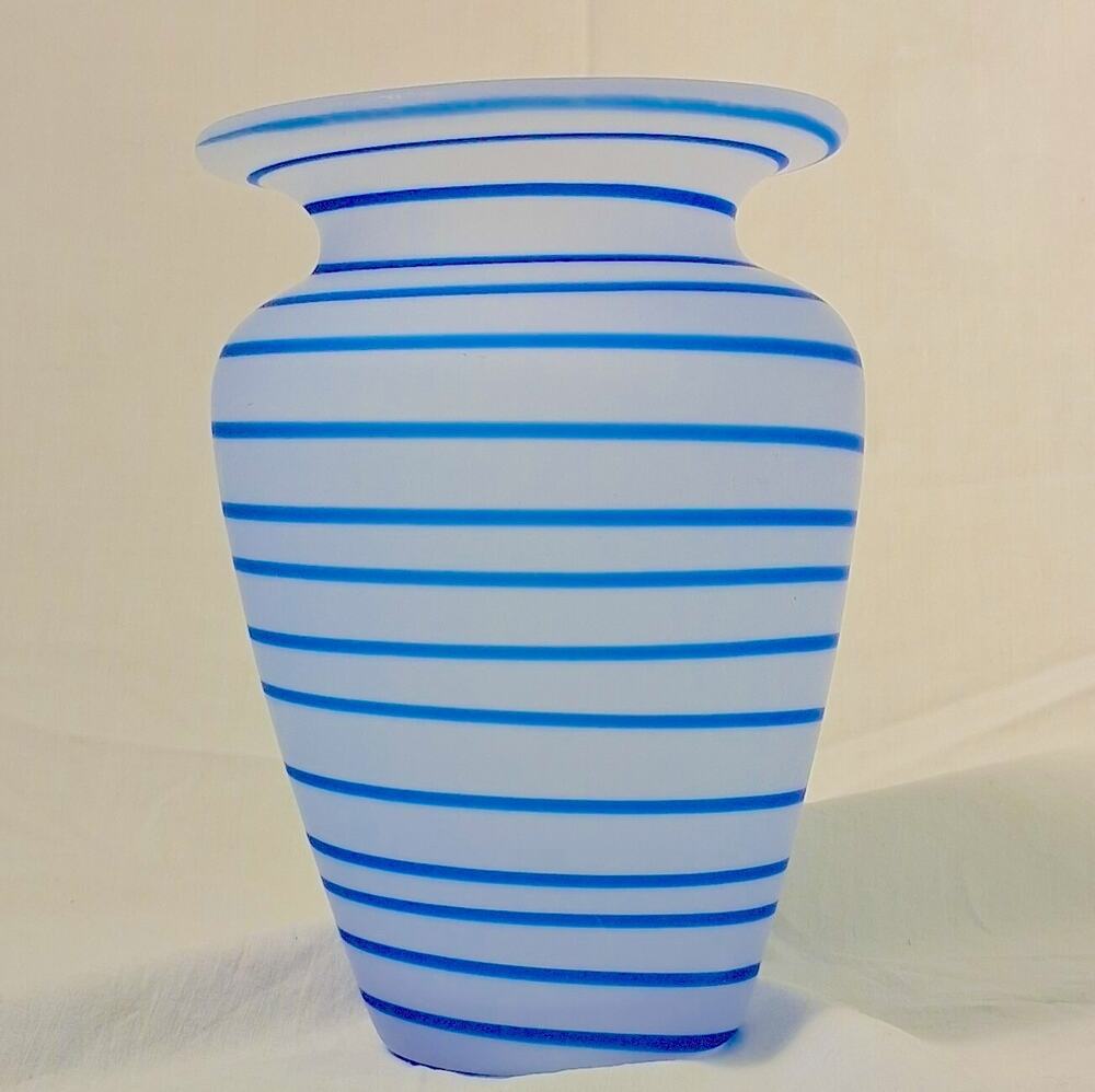 Vintage Art Glass White Satin Frosted Glass Cobalt Blue Swirl Stripe Vase 5.5"